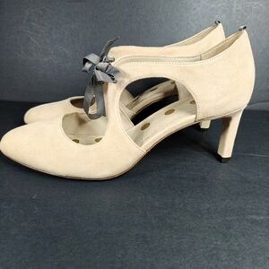 Boden Suede Leather Pumps Lace Up Ballet Pink Beige Pointed Toe Heels 10.5